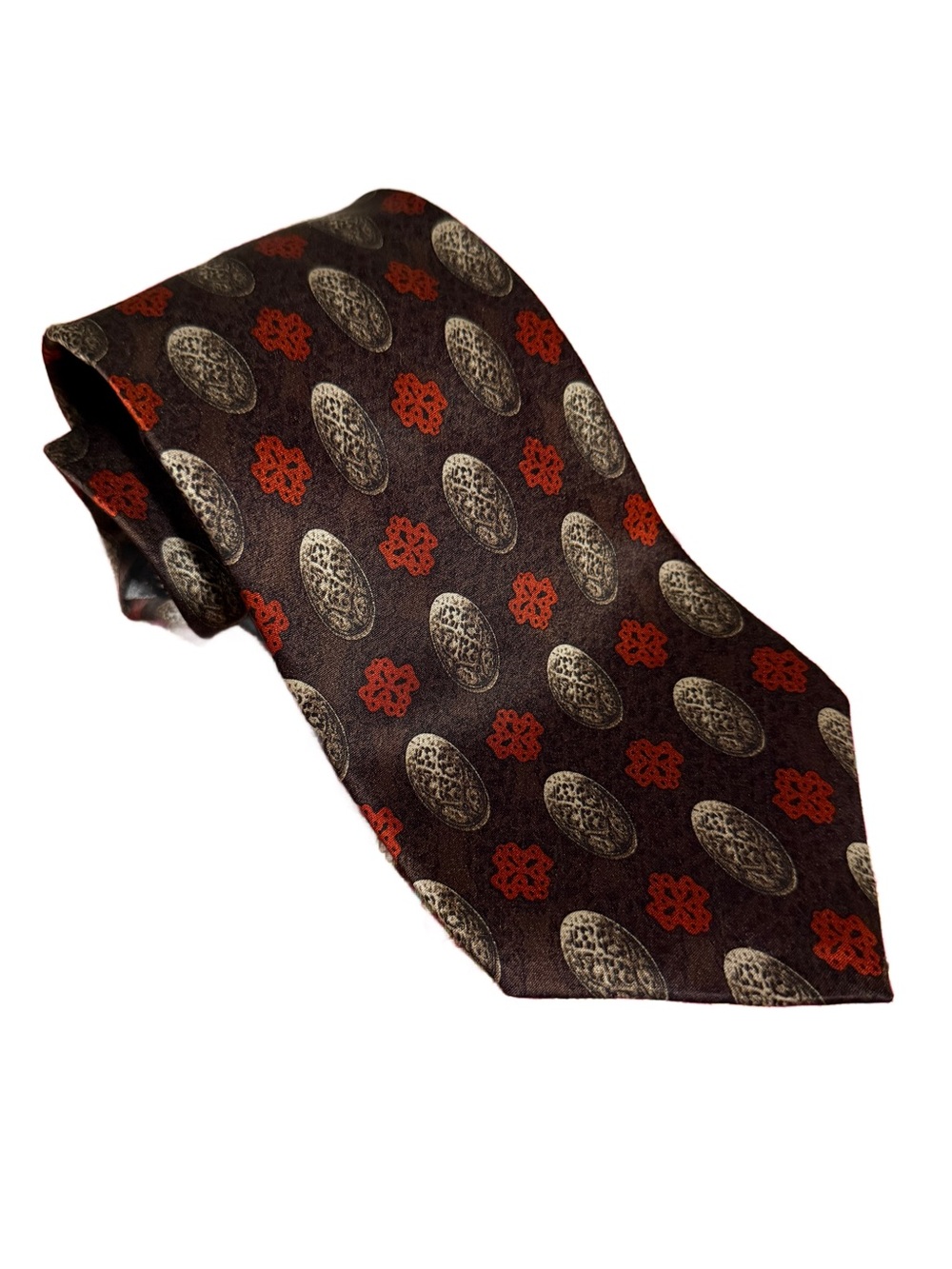Vintage Gianfranco Ferre 100% Silk Jacquard Medallion Tie Made in Italy Brown
